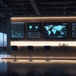 Interior moderno y luminoso de un centro de innovación con pantallas mostrando datos de startups y gráficos de crecimiento