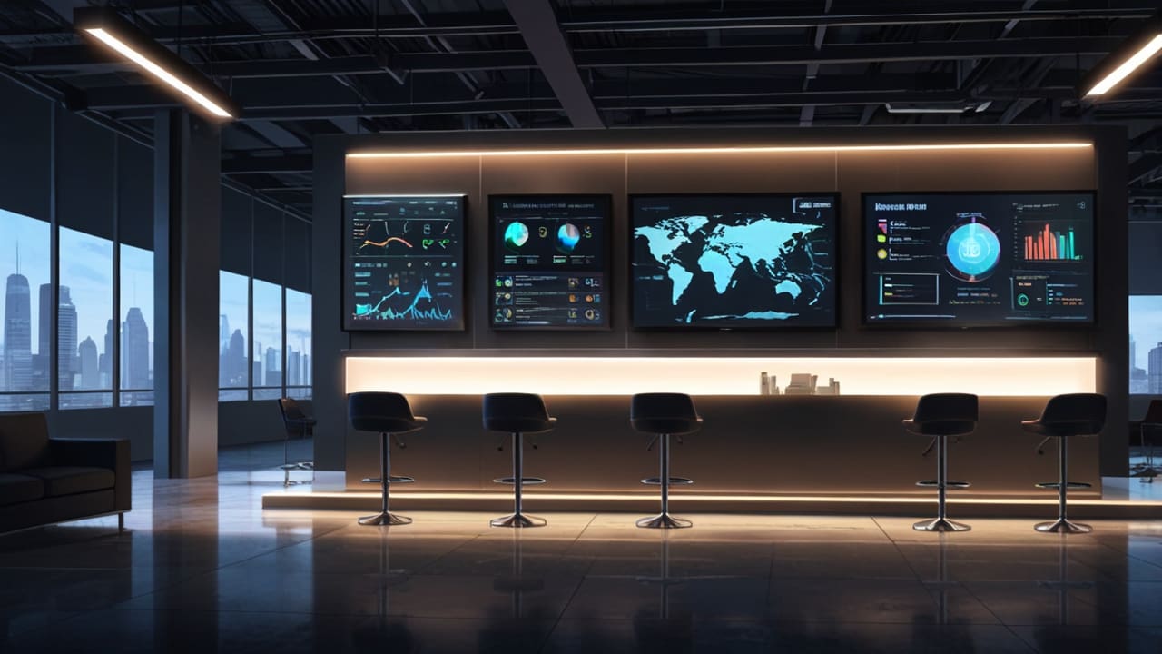 Interior moderno y luminoso de un centro de innovación con pantallas mostrando datos de startups y gráficos de crecimiento