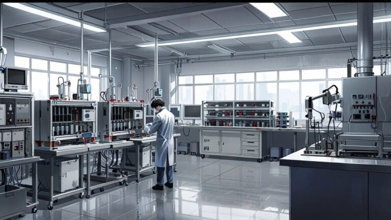 Interior de un laboratorio tecnológico con maquinaria industrial moderna y pantallas que muestran datos de captura de carbono