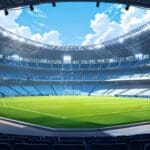 Vista urbana moderna con edificios empresariales y elementos gráficos de tecnología en primer plano, con un estadio de fondo