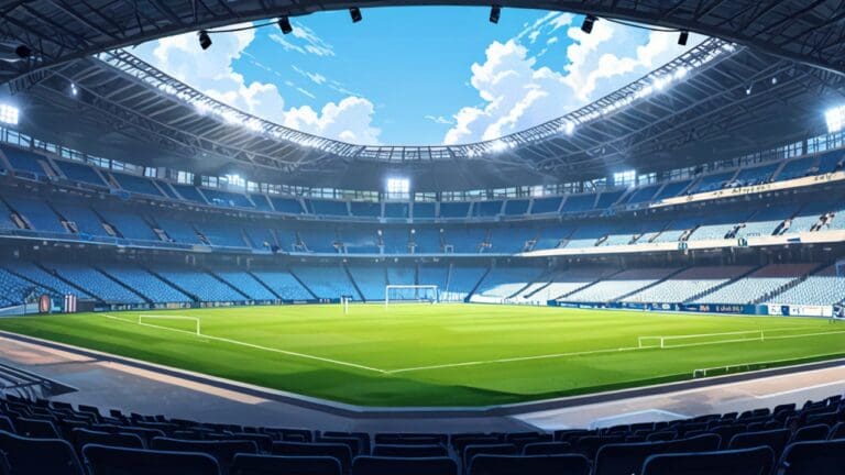 Vista urbana moderna con edificios empresariales y elementos gráficos de tecnología en primer plano, con un estadio de fondo