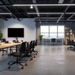 Sala de coworking moderna con equipos tecnológicos y pizarras, con empresarios trabajando en laptops en una sesión de mentoría