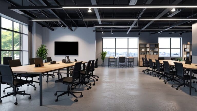 Sala de coworking moderna con equipos tecnológicos y pizarras, con empresarios trabajando en laptops en una sesión de mentoría