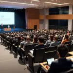 Auditorio moderno lleno de emprendedores y expertos discutiendo tecnología de IA en un evento tecnológico.
