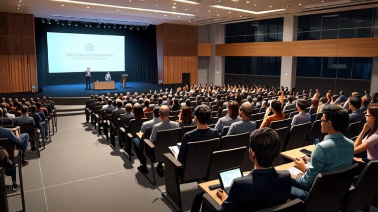 Auditorio moderno lleno de emprendedores y expertos discutiendo tecnología de IA en un evento tecnológico.