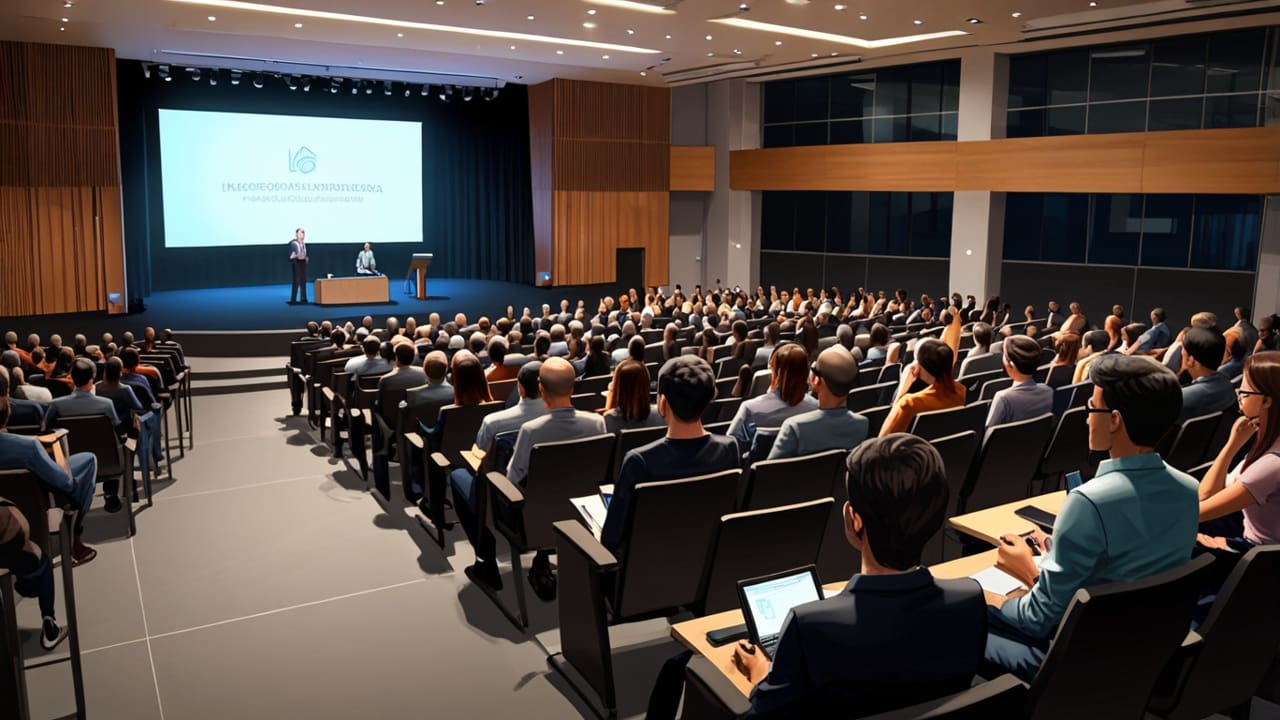 Auditorio moderno lleno de emprendedores y expertos discutiendo tecnología de IA en un evento tecnológico.