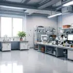 Oficina moderna de una startup tecnológica con laboratorios de biotecnología, luz natural y equipamiento profesional