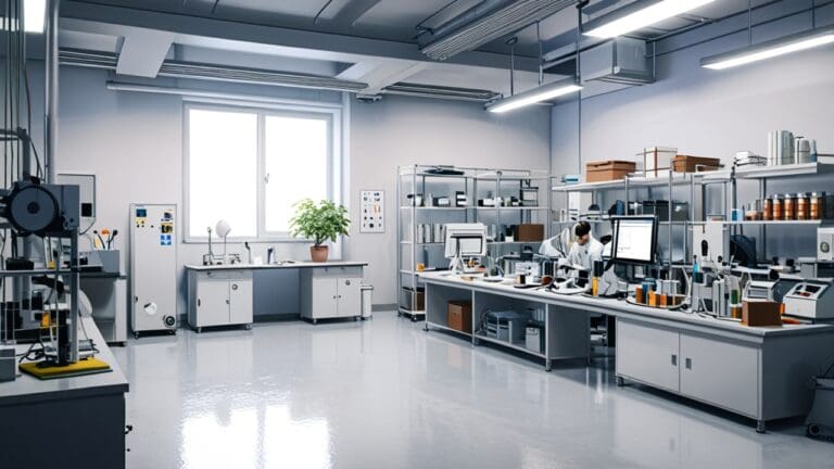 Oficina moderna de una startup tecnológica con laboratorios de biotecnología, luz natural y equipamiento profesional