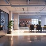 Interior moderno de una oficina tecnológica con pantallas digitales y espacios de coworking luminados