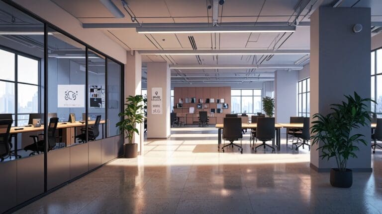 Interior moderno de una oficina tecnológica con pantallas digitales y espacios de coworking luminados