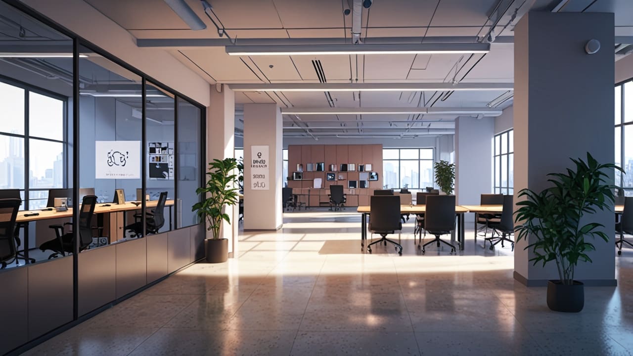 Interior moderno de una oficina tecnológica con pantallas digitales y espacios de coworking luminados