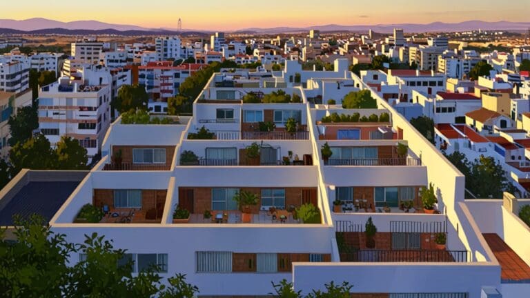 Vista urbana moderna de Córdoba con edificios residenciales contemporáneos al atardecer