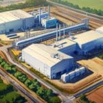 Vista aérea de una planta industrial moderna rodeada de vegetación, durante el día.