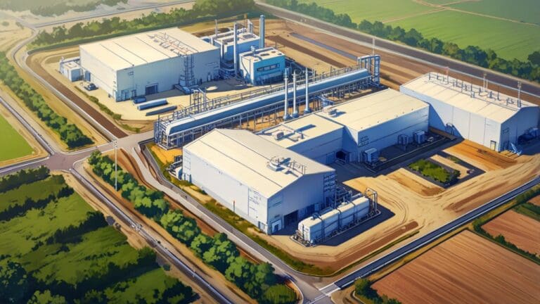 Vista aérea de una planta industrial moderna rodeada de vegetación, durante el día.