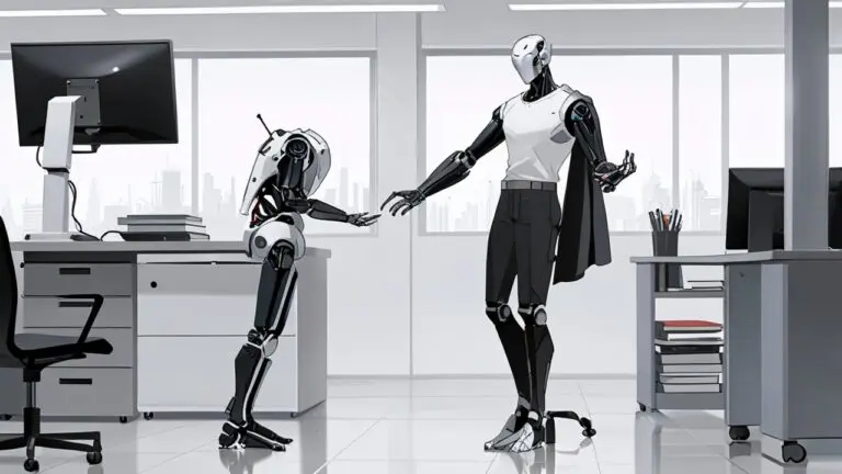 Oficina moderna con un robot humanoide interactuando con pantallas digitales