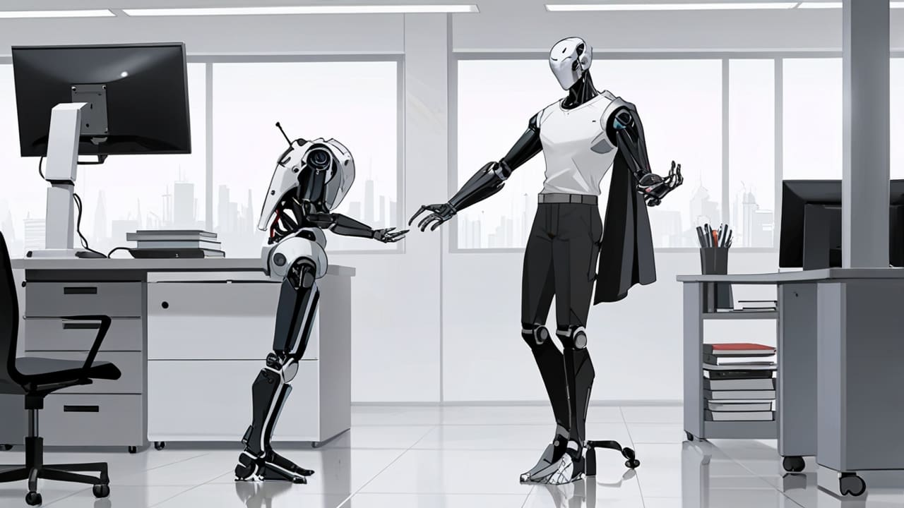 Oficina moderna con un robot humanoide interactuando con pantallas digitales