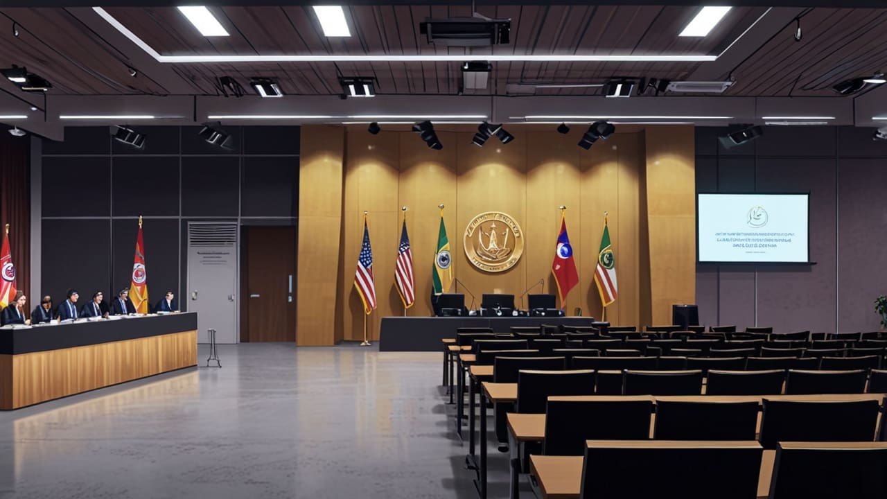 Sala de conferencias moderna con representantes de agencias de cooperación firmando un acuerdo frente a laptops y banderas institucionales