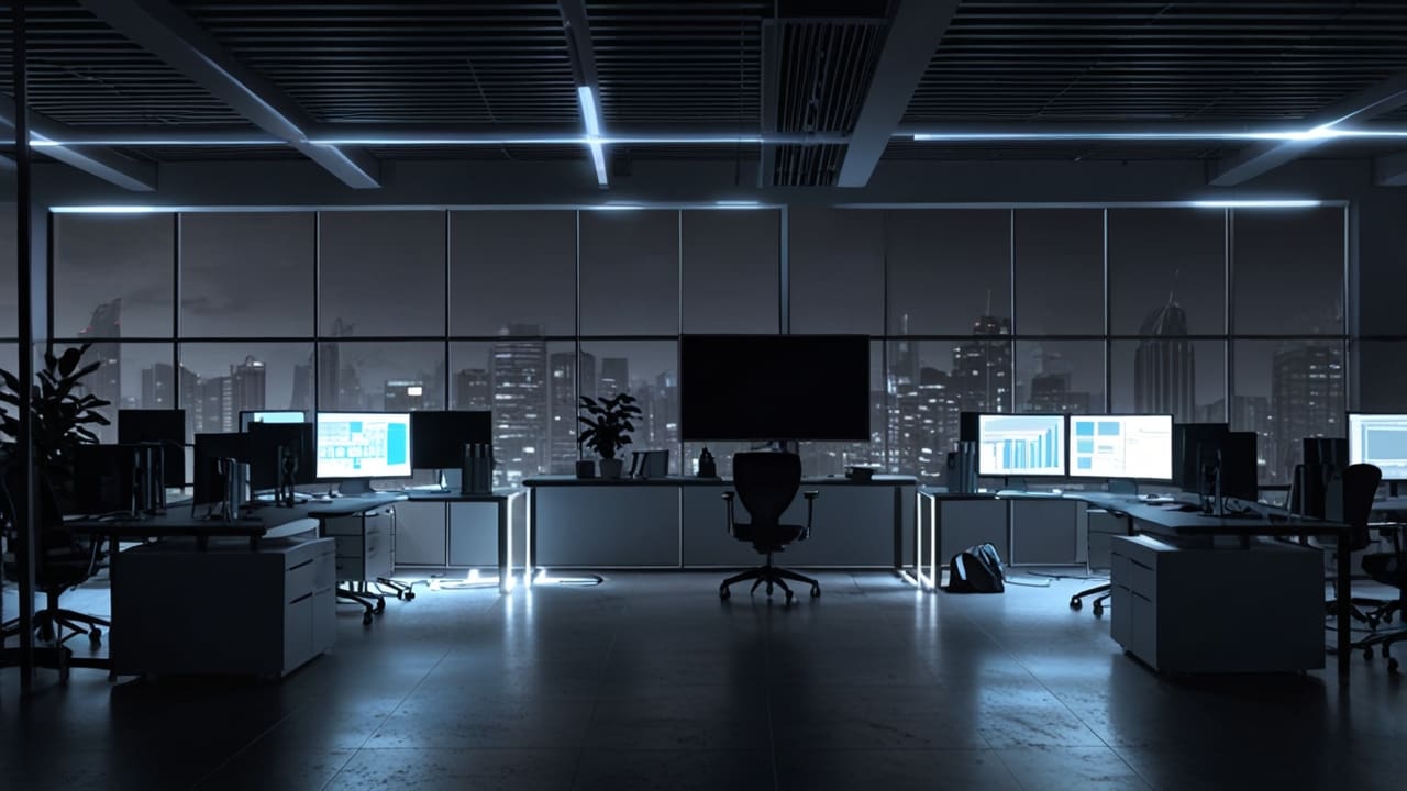 Oficinas tecnológicas modernas con laptops y gráficos de inversión en pantalla, interior bien iluminado y ordenado
