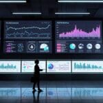 Oficinas modernas con pantallas de datos y gráficos de inteligencia artificial en un entorno corporativo tecnológico