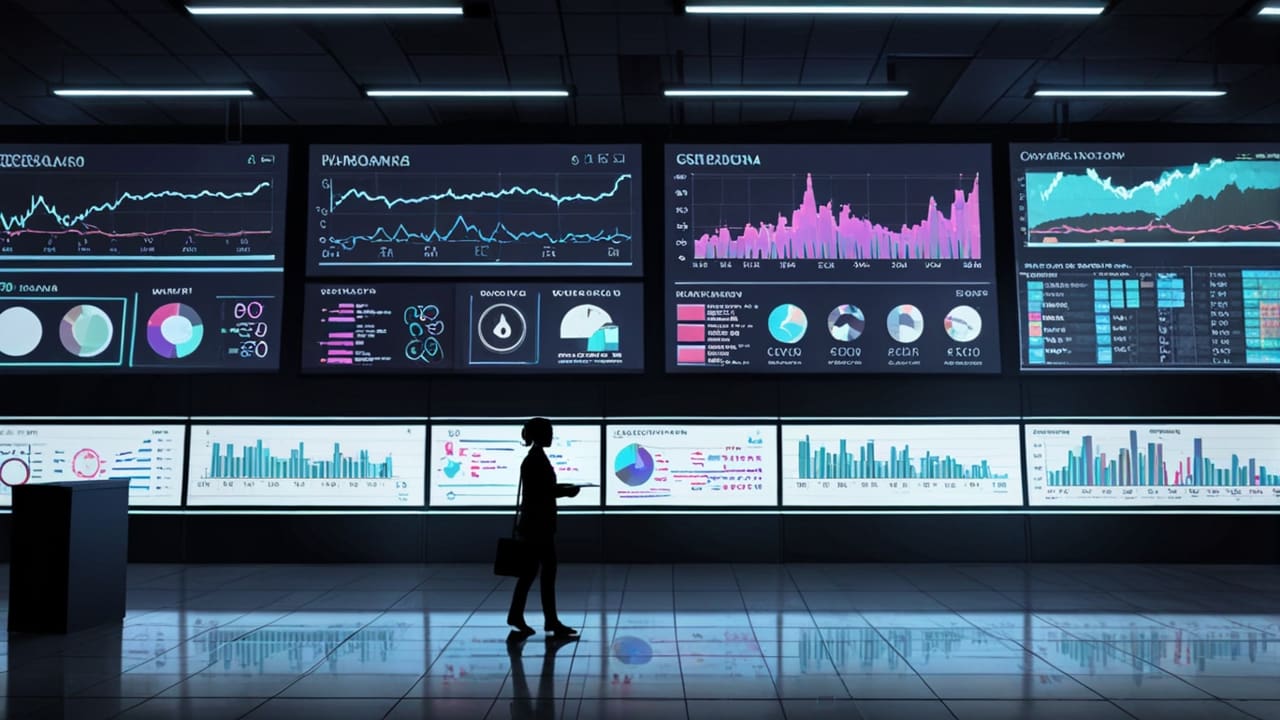 Oficinas modernas con pantallas de datos y gráficos de inteligencia artificial en un entorno corporativo tecnológico