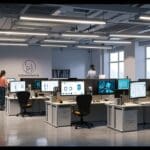 Oficinas modernas de una startup tecnológica con pantallas y desarrolladores trabajando en un entorno colaborativo