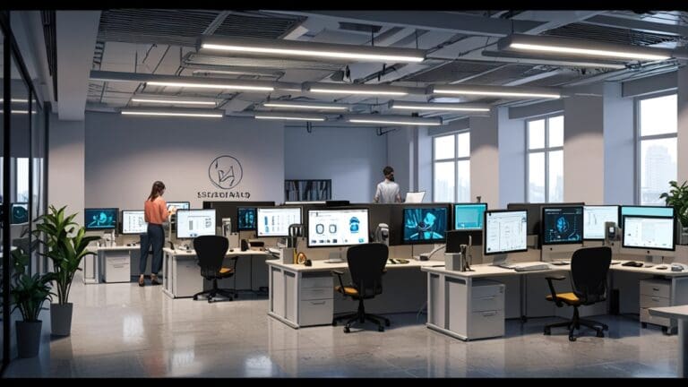 Oficinas modernas de una startup tecnológica con pantallas y desarrolladores trabajando en un entorno colaborativo