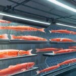 Primer plano de escamas de salmón en una fábrica moderna con fondo de equipo tecnológico.