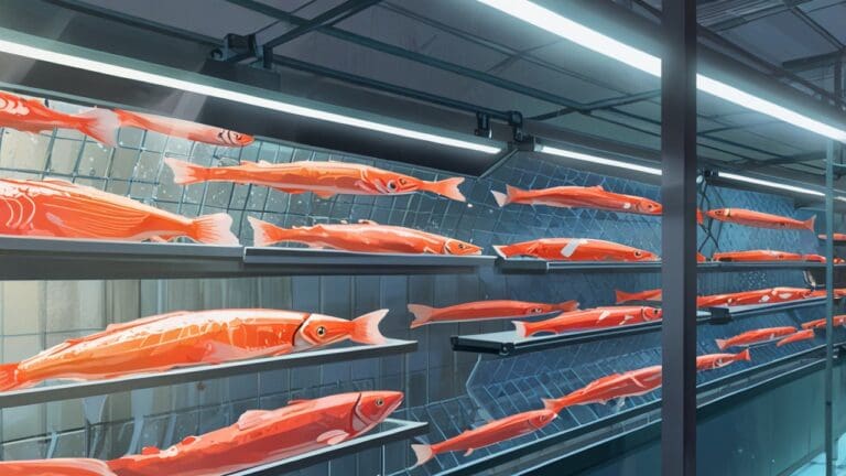 Primer plano de escamas de salmón en una fábrica moderna con fondo de equipo tecnológico.