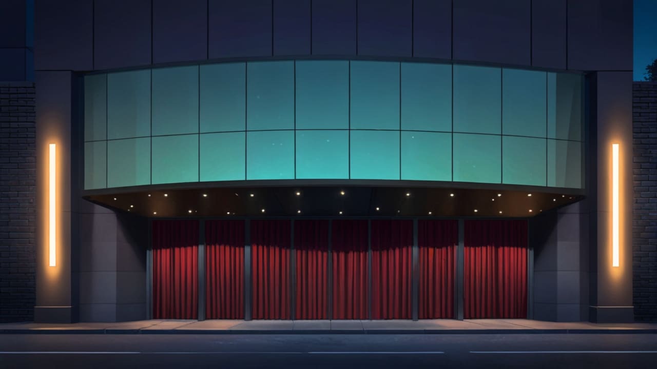 Exterior moderno de un teatro con fachada de vidrio y luz natural