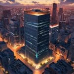 Vista aérea de un centro urbano moderno con edificios de oficinas iluminados al anochecer, representando innovación y desarrollo económico