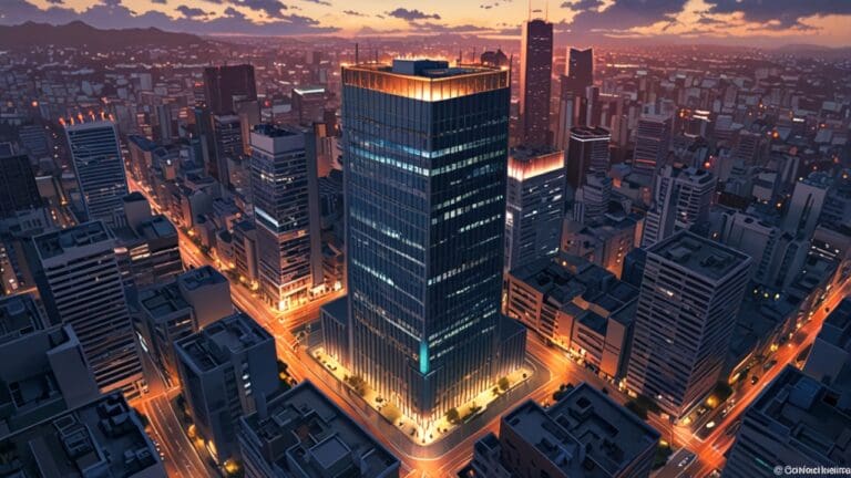 Vista aérea de un centro urbano moderno con edificios de oficinas iluminados al anochecer, representando innovación y desarrollo económico