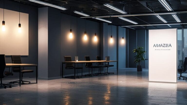 Oficina moderna y minimalista con tecnología avanzada en el centro, luces frías y ambiente corporativo