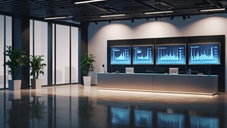 Moderna oficina tecnológica con pantallas mostrando gráficos financieros, iluminación clara y ambiente profesional