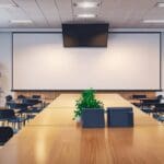 Sala de reuniones moderna con gráficos financieros y laptops sobre una mesa en un entorno corporativo