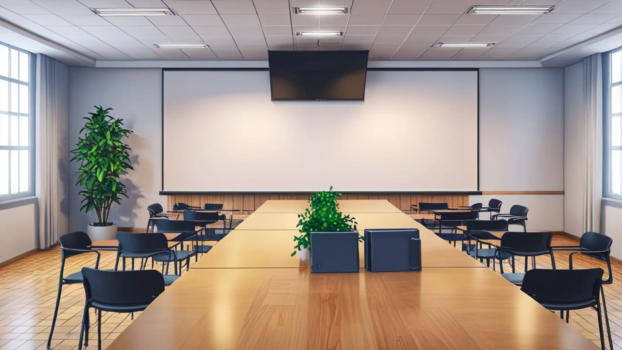 Sala de reuniones moderna con gráficos financieros y laptops sobre una mesa en un entorno corporativo