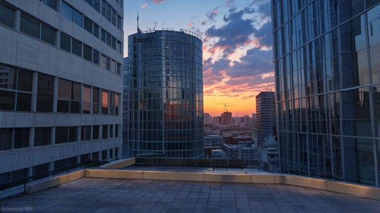 Vista panorámica de un distrito financiero moderno con edificios de oficinas y centros tecnológicos al amanecer