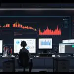 Oficina moderna con pantallas mostrando software de inteligencia artificial y gráficos de evaluación de talento sobre escritorios con laptops