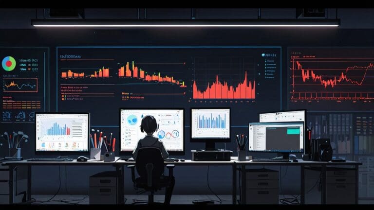 Oficina moderna con pantallas mostrando software de inteligencia artificial y gráficos de evaluación de talento sobre escritorios con laptops