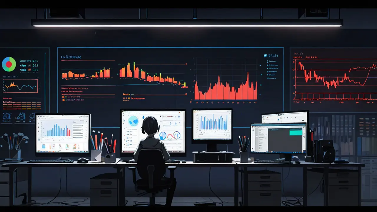 Oficina moderna con pantallas mostrando software de inteligencia artificial y gráficos de evaluación de talento sobre escritorios con laptops
