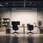 Oficinas modernas con escritorios vacíos, luces LED, pantallas de datos y diseño tecnológico en tonos neutros