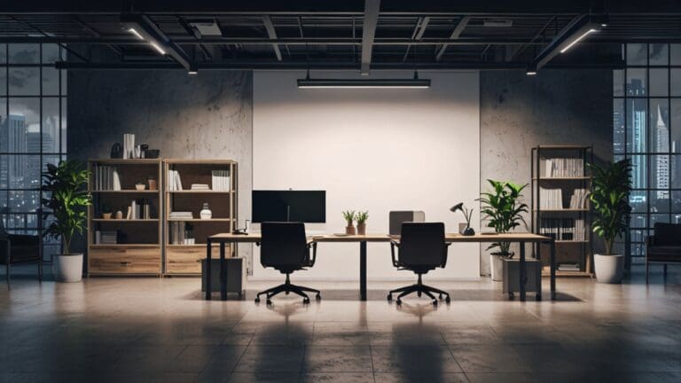Oficinas modernas con escritorios vacíos, luces LED, pantallas de datos y diseño tecnológico en tonos neutros