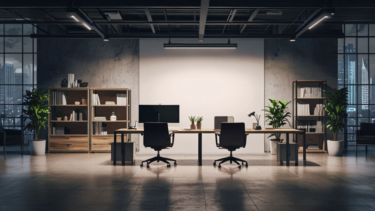 Oficinas modernas con escritorios vacíos, luces LED, pantallas de datos y diseño tecnológico en tonos neutros