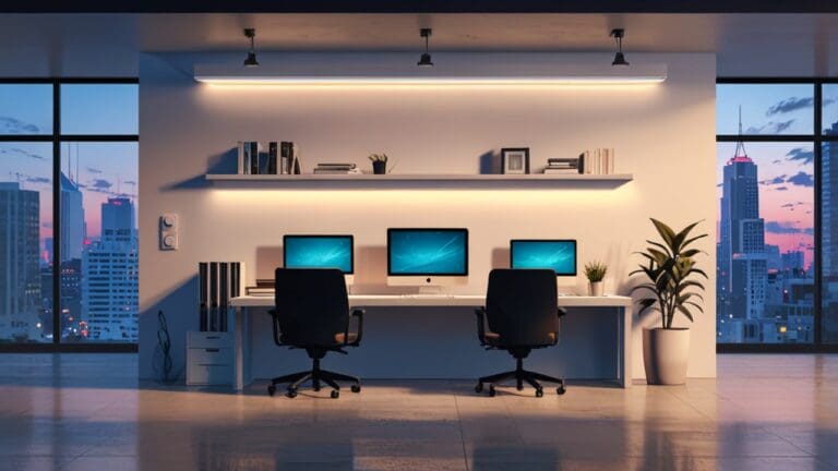 Oficina moderna con escritorios minimalistas y laptops encendidos, luz suave natural al amanecer, ambiente tecnológico y profesional