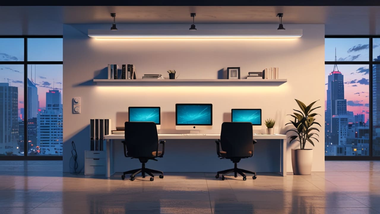 Oficina moderna con escritorios minimalistas y laptops encendidos, luz suave natural al amanecer, ambiente tecnológico y profesional