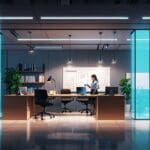 Espacio de oficinas moderno con equipos tecnológicos y emprendedores trabajando en un entorno colaborativo