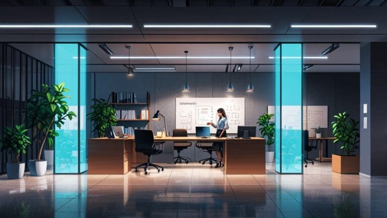 Espacio de oficinas moderno con equipos tecnológicos y emprendedores trabajando en un entorno colaborativo