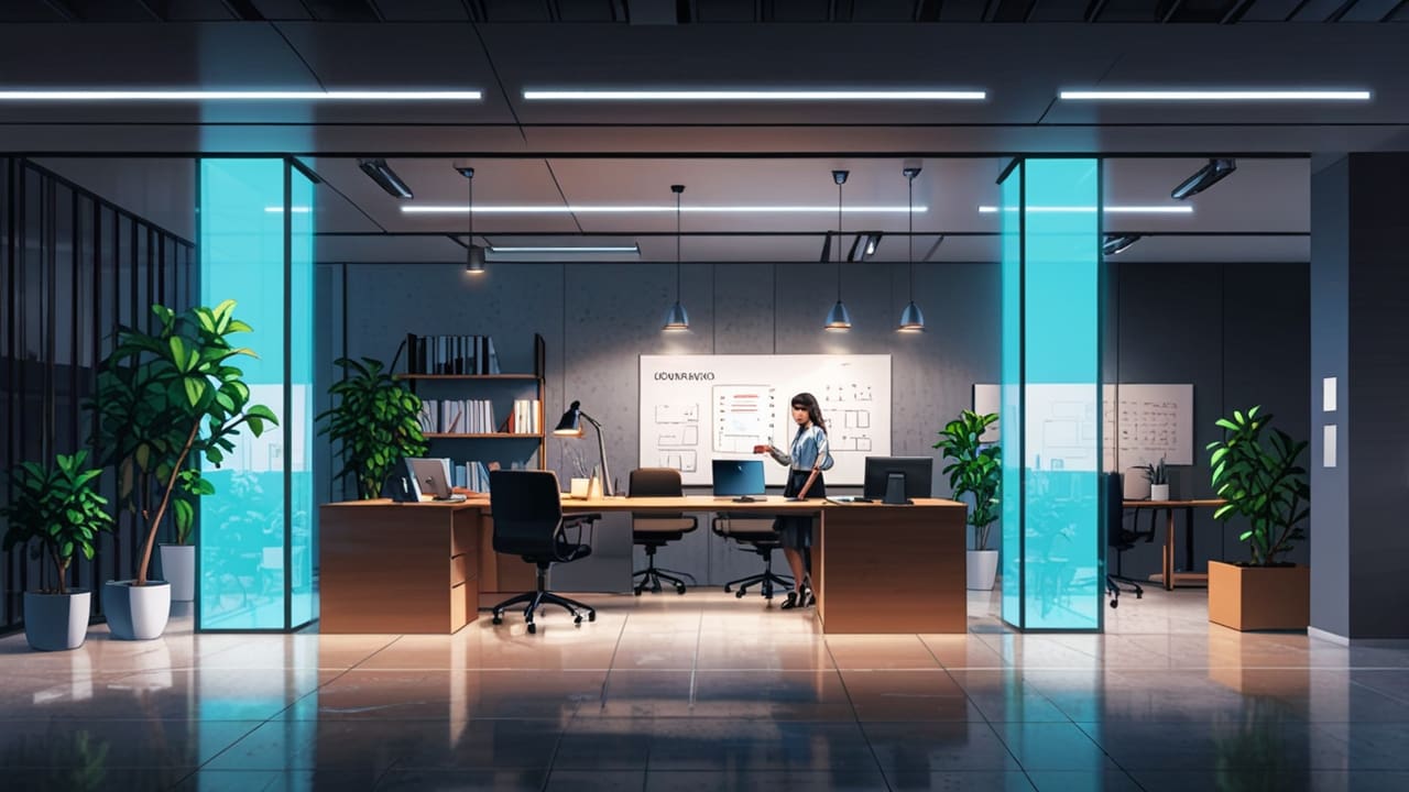 Espacio de oficinas moderno con equipos tecnológicos y emprendedores trabajando en un entorno colaborativo