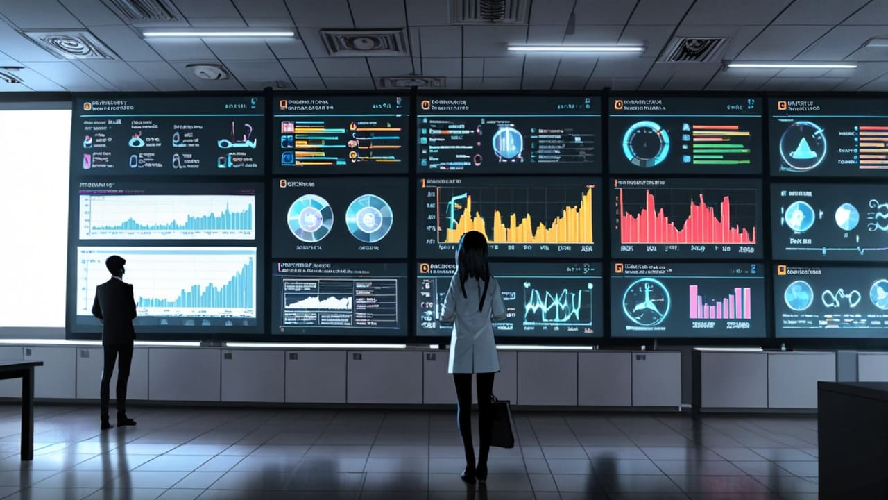 Oficina moderna con pantallas mostrando gráficos de datos médicos y elementos de tecnología de inteligencia artificial