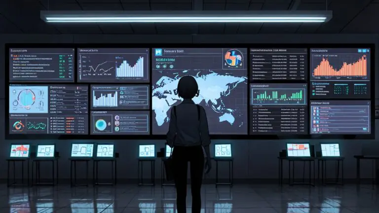 Oficina moderna con pantallas mostrando gráficos de inteligencia artificial y código.