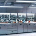 Laboratorio moderno con equipos biotecnológicos avanzados en un entorno limpio y corporativo, iluminado profesionalmente